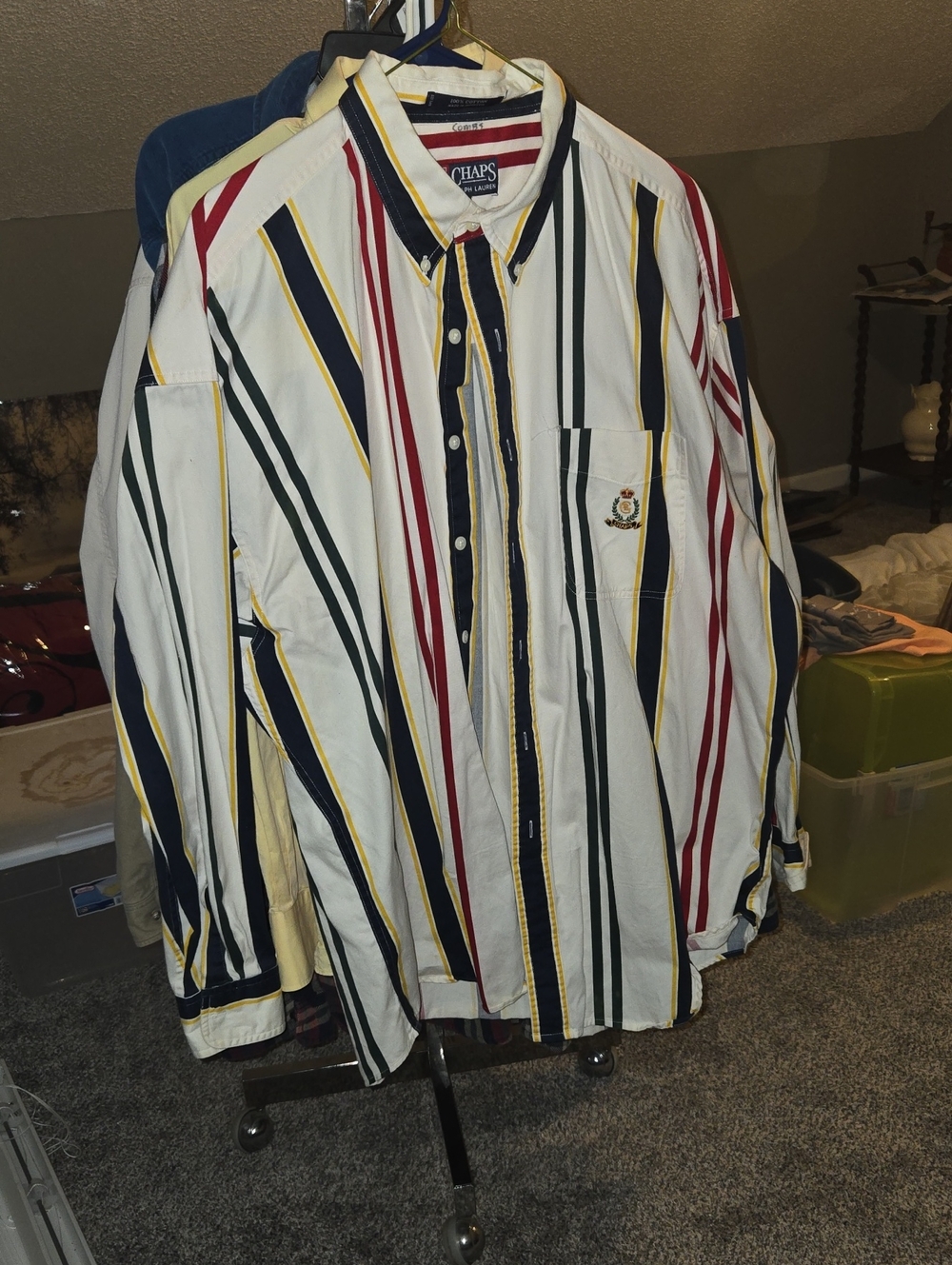 XL Chaps White Long-Sleeve Button-Down Shirt with Navy, Red & Yellow Stripes